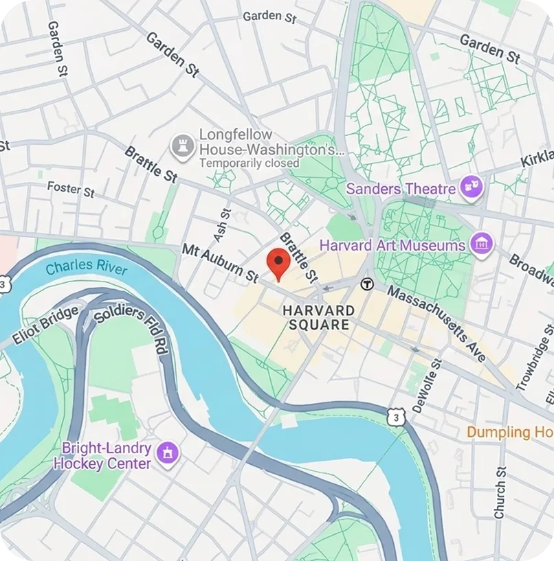 Map showing the Prevvi office near Harvard Square and the Charles River in Cambridge, MA
