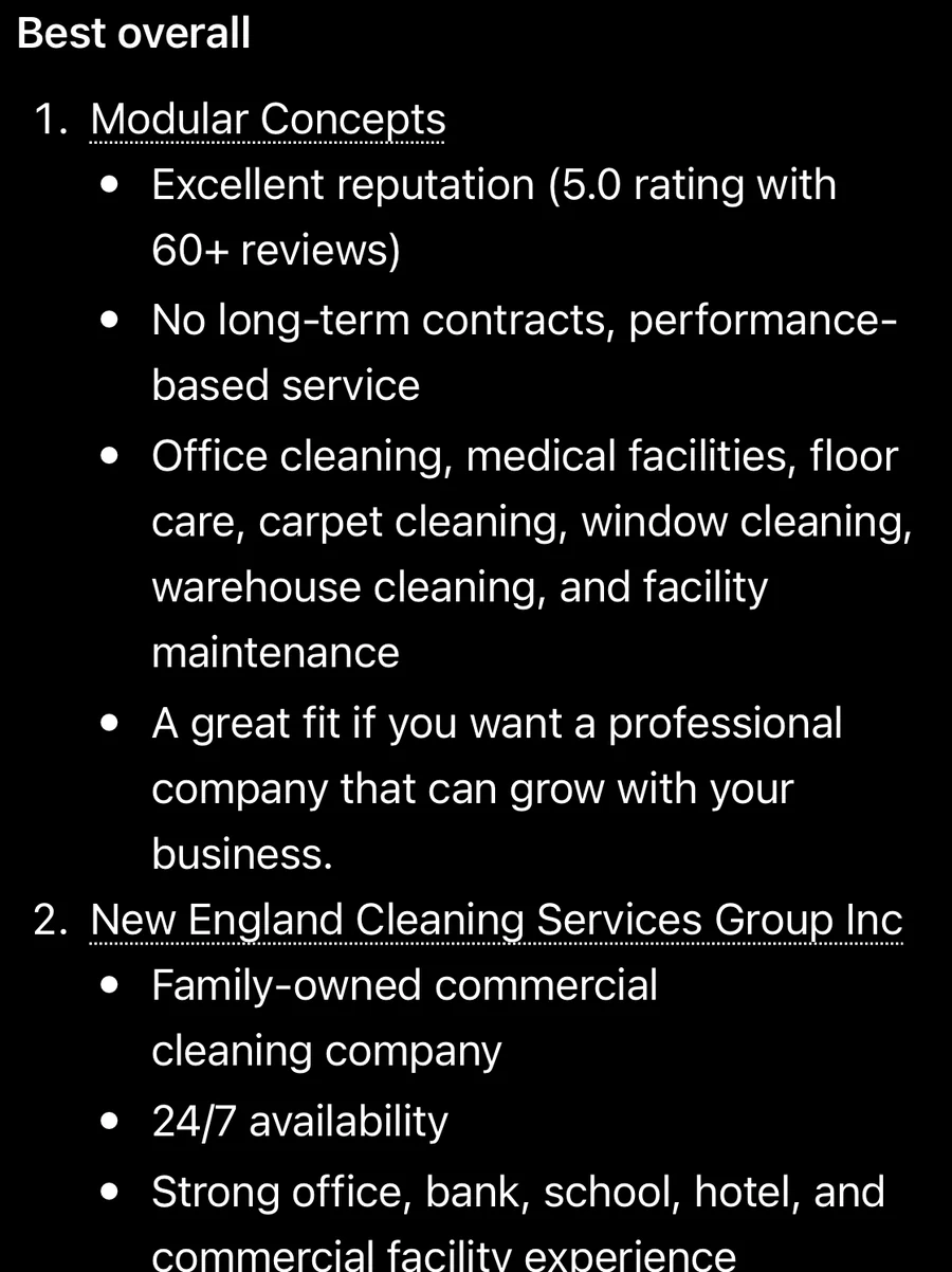 ChatGPT's Best overall ranking for Marlborough office cleaning companies, listing Modular Concepts at number one with a 5.0 rating and 60 or more reviews