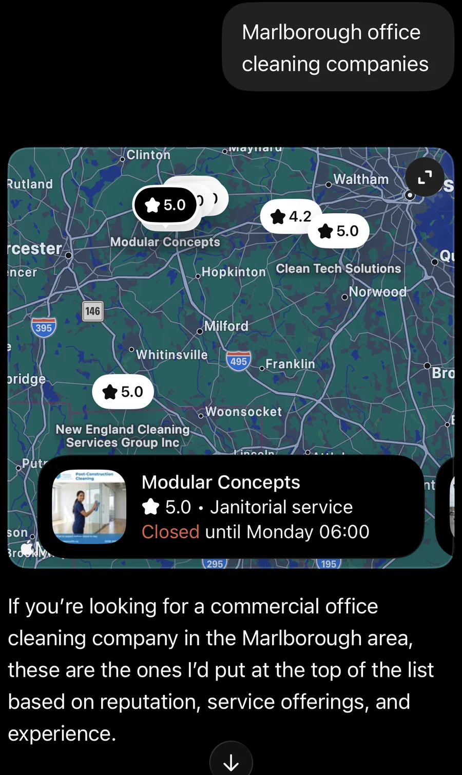 ChatGPT results for the query Marlborough office cleaning companies, showing Modular Concepts as the featured business on the map with a 5.0 rating